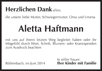 Traueranzeige von Aletta Haftmann von Pegnitz-Zeitung